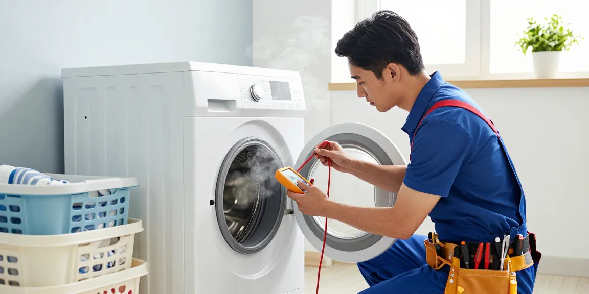 Appliance technician inspecting a washing machine in a bright laundry room