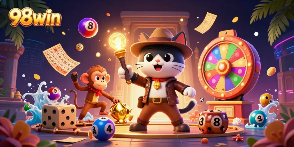 Experience thrilling casino adventures with 98win's vibrant 3D illustration featuring a treasure-seeking archaeologist cat.