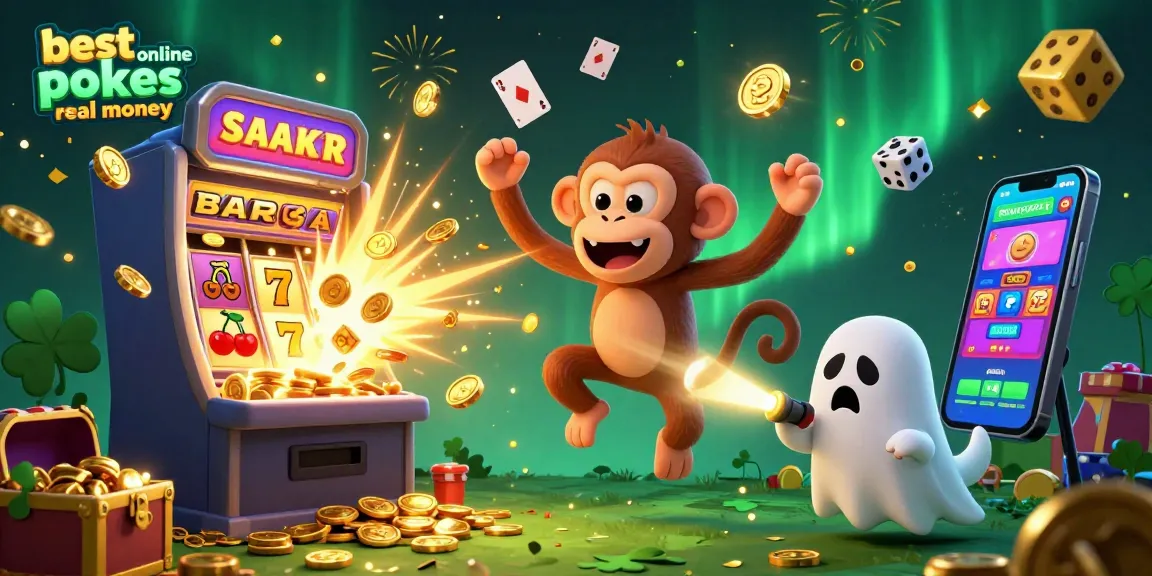 Experience the thrill of the best online pokies real money with a haunted casino scene featuring a playing poltergeist monkey and a ghost-hunter puppy.