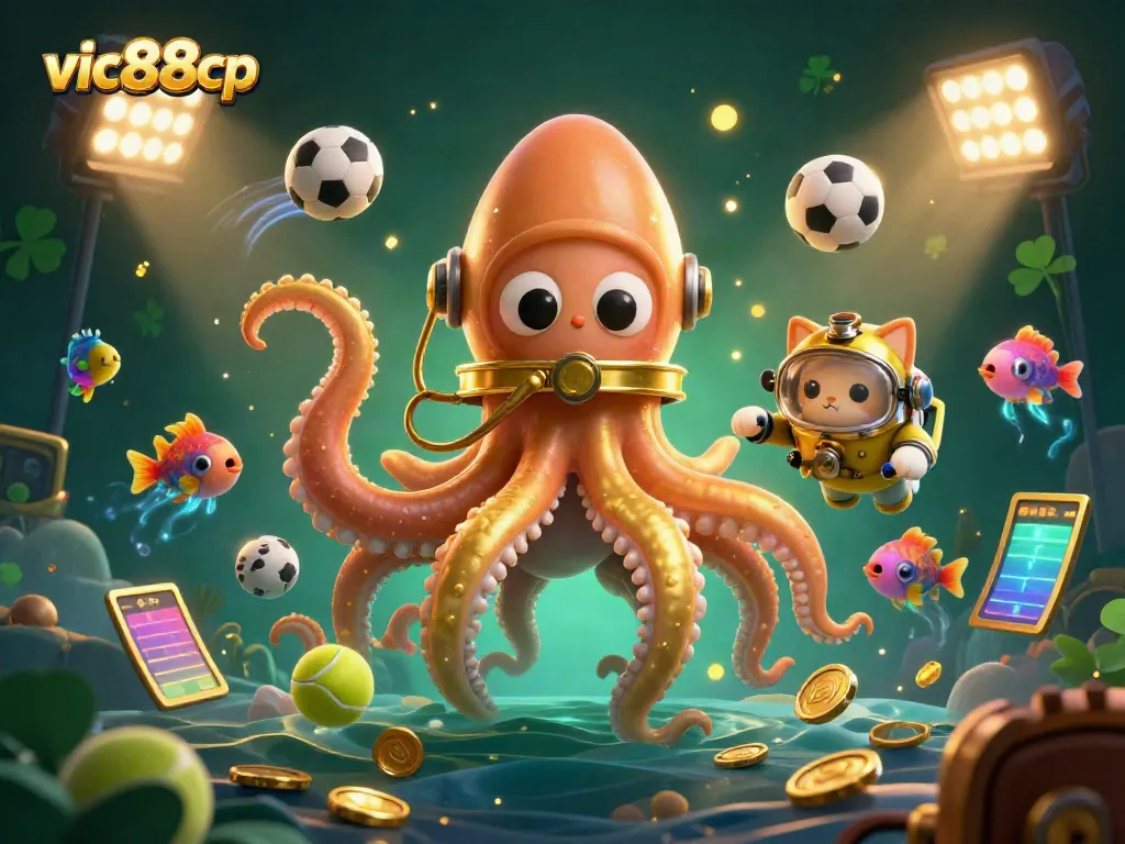 Engage in exciting gaming adventures at vic88cp with a vivid 3D scene of a kraken and diving cat.
