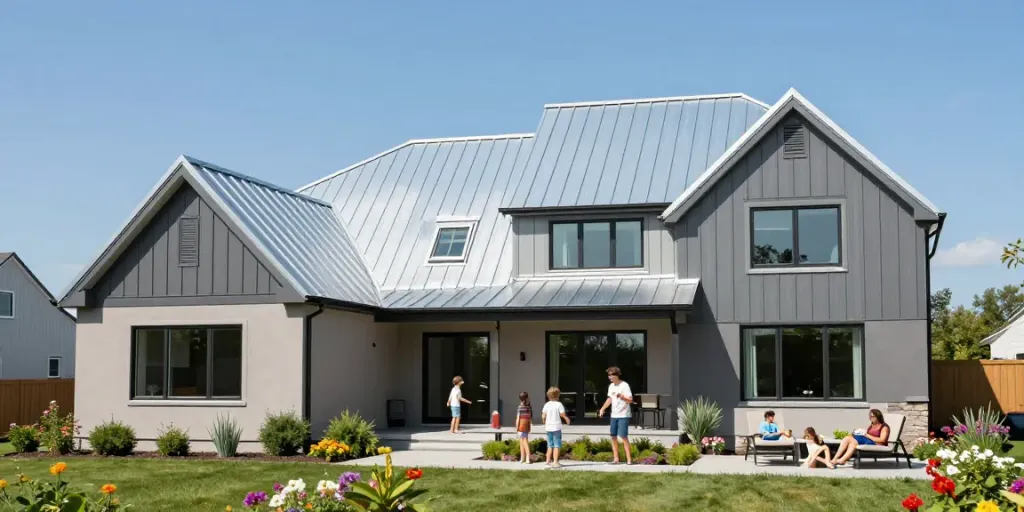 Beautiful Ontario metal roofing on a modern home surrounded by gardens and family activities.