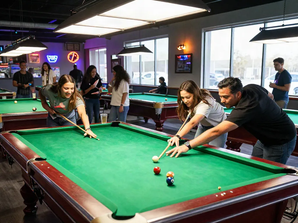 Group of friends enjoying billiards in Mississauga, lively atmosphere with drinks and a polished pool table.