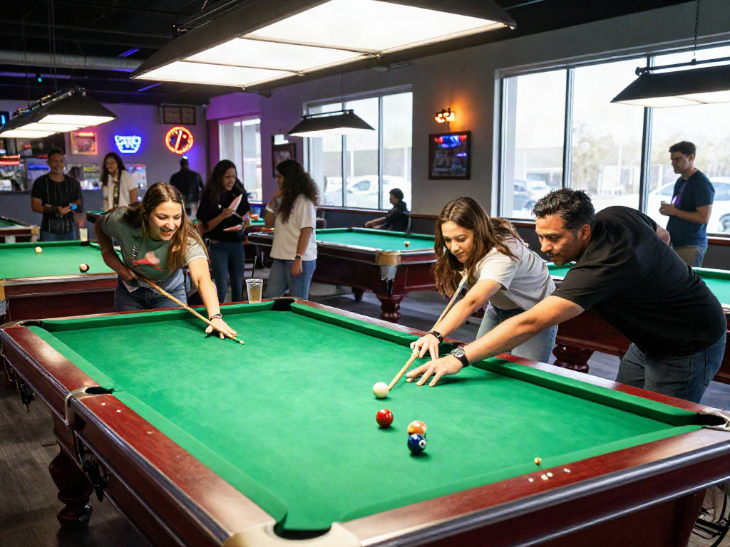 Group of friends enjoying billiards in Mississauga, lively atmosphere with drinks and a polished pool table.