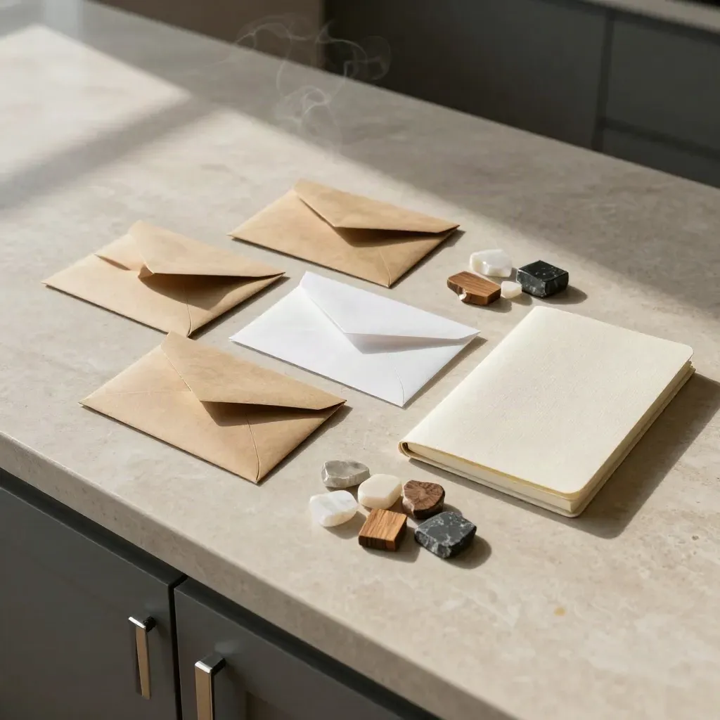 Overhead kitchen shortlist with sealed envelopes, notebook, and quartz and wood samples.