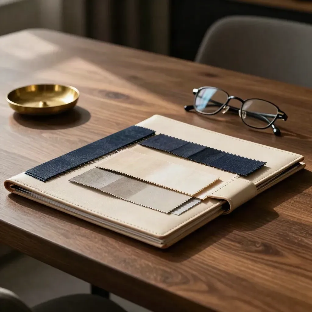 Cream portfolio, reading glasses, swatches and a ceramic dish on a walnut table at dusk.