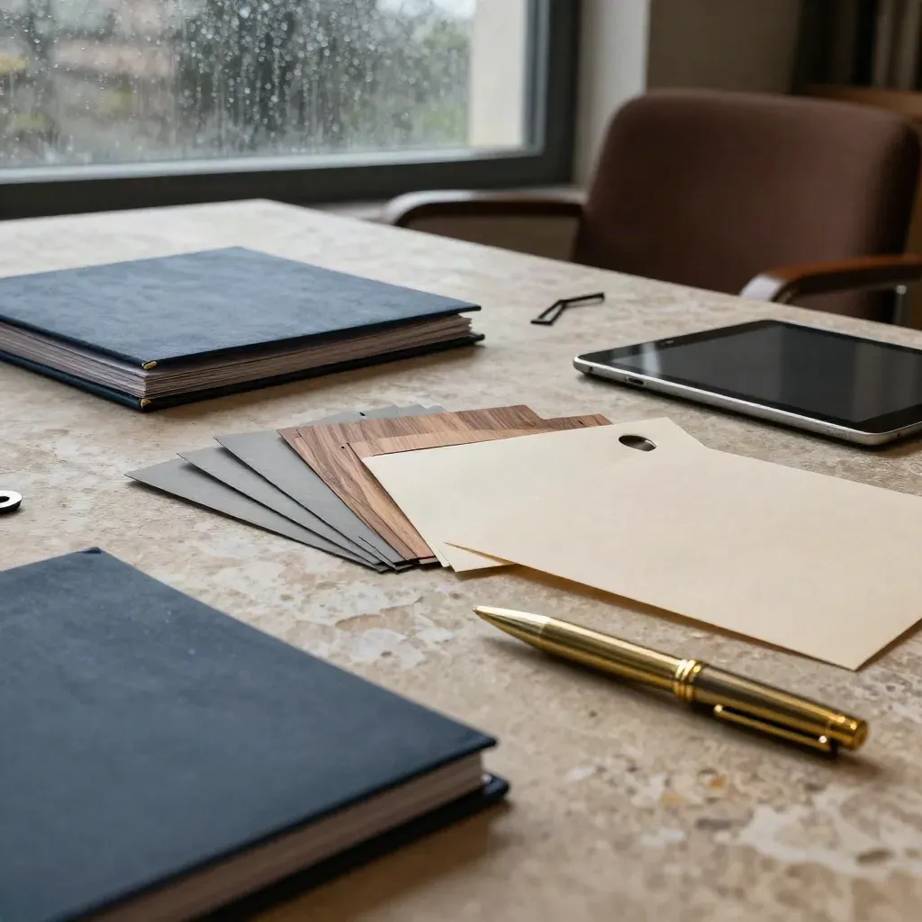 Buyer support kit on stone with folder, sample packets, finish chips, tablet and brass pen