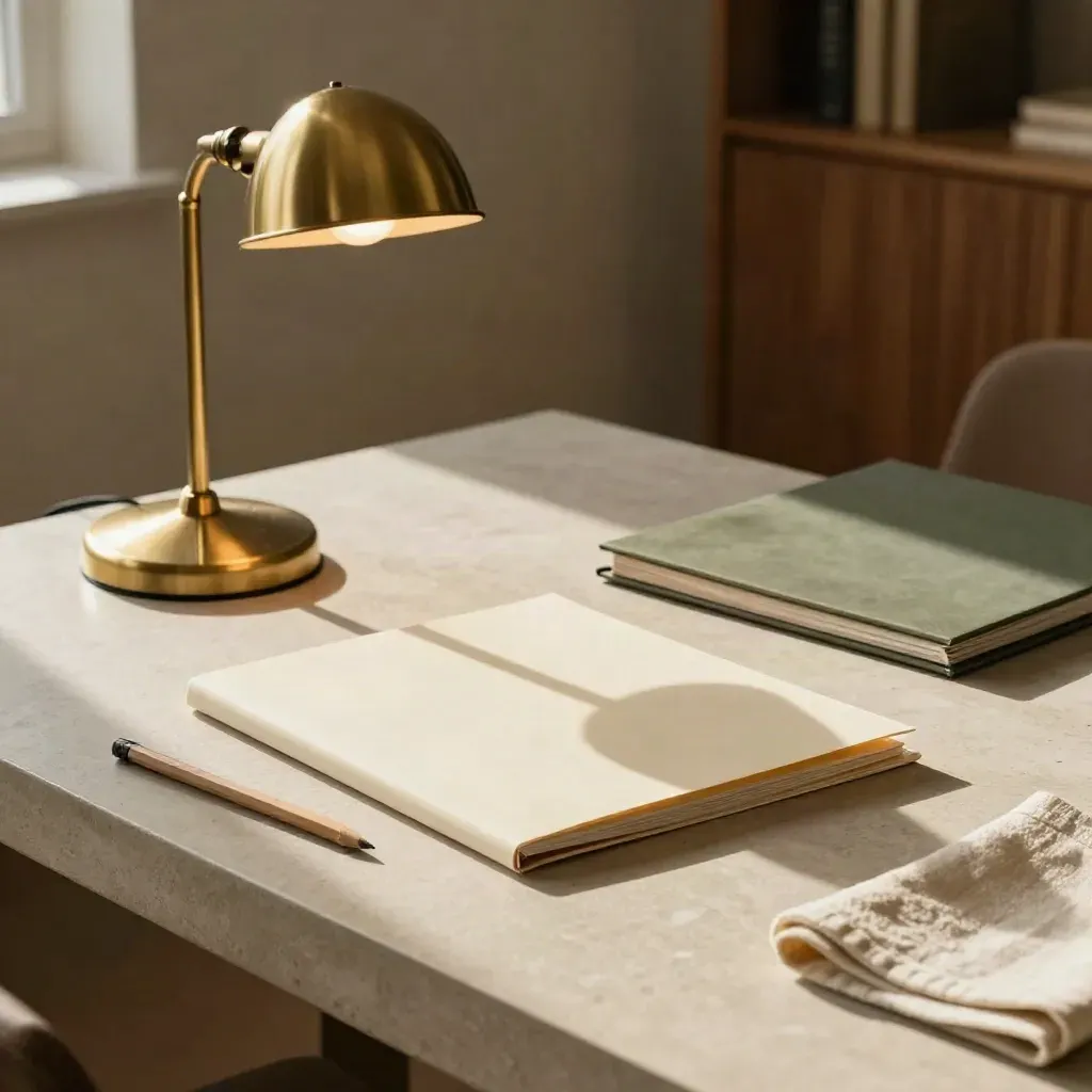 Cream folder and pencil stub under a brass lamp on pale stone, late-afternoon shadows.