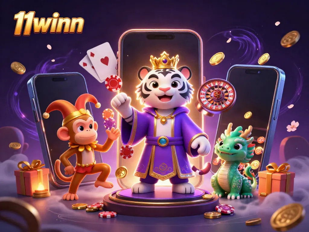 Experience captivating wins with 11winn featuring a majestic tiger and playful monkey in a dynamic casino scene.