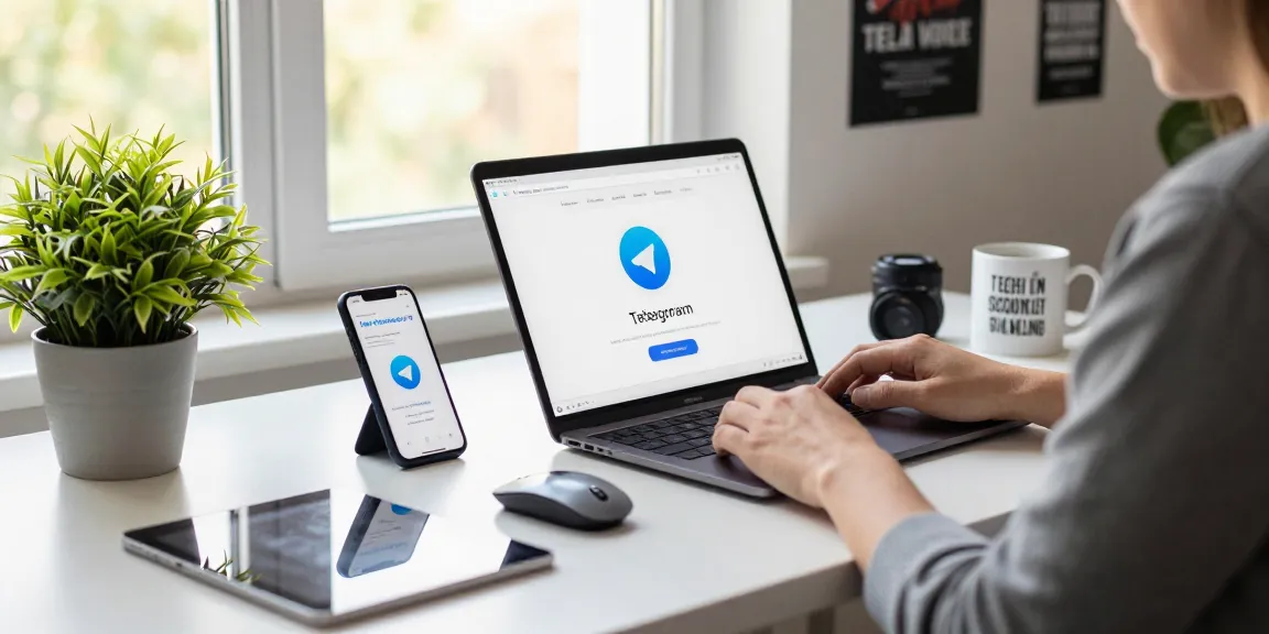 Captivating workspace showcasing Telegram download on laptop with smartphone notifications.