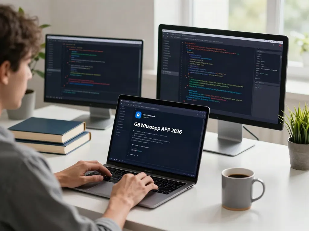 Developer downloading whatsapp gb apk 2026 at a modern workstation with dual monitors.