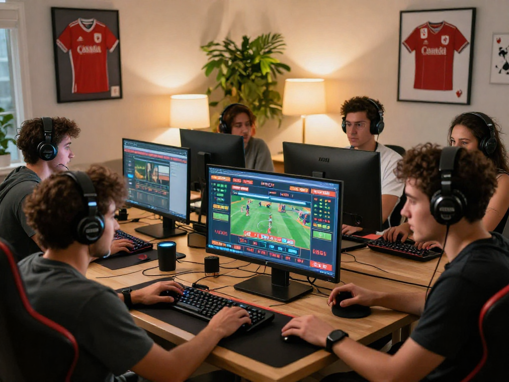 Engaged players gambling online in Canada, featuring computers and gaming equipment, in a cozy home setting.