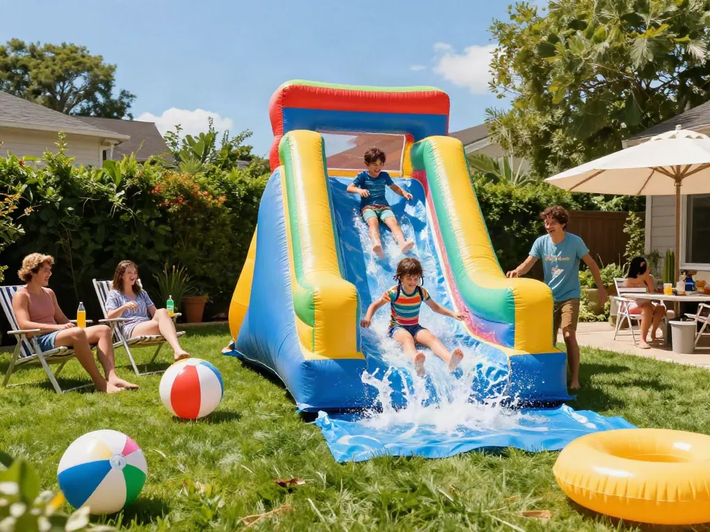 Children enjoying a vibrant water slide in a sunny backyard, creating summer fun and laughter.