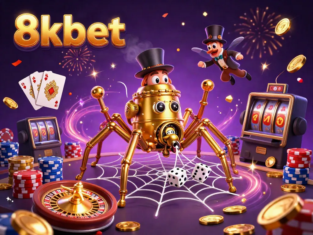 Experience the excitement of 8xbet with a vibrant 3D illustration of a steampunk spider webbing golden chains and poker elements.