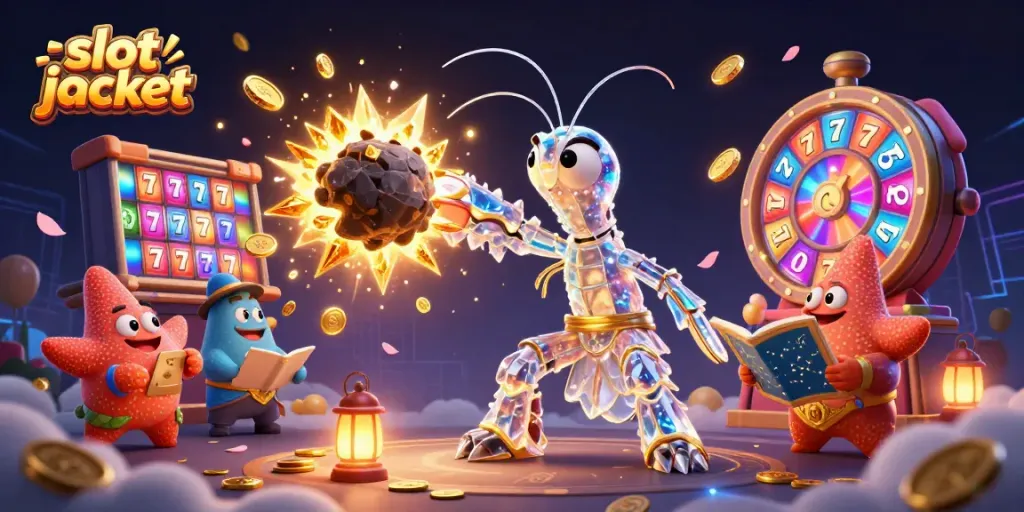 Engage with thrilling slot jackpot action featuring colorful reels, coins, and dynamic characters.
