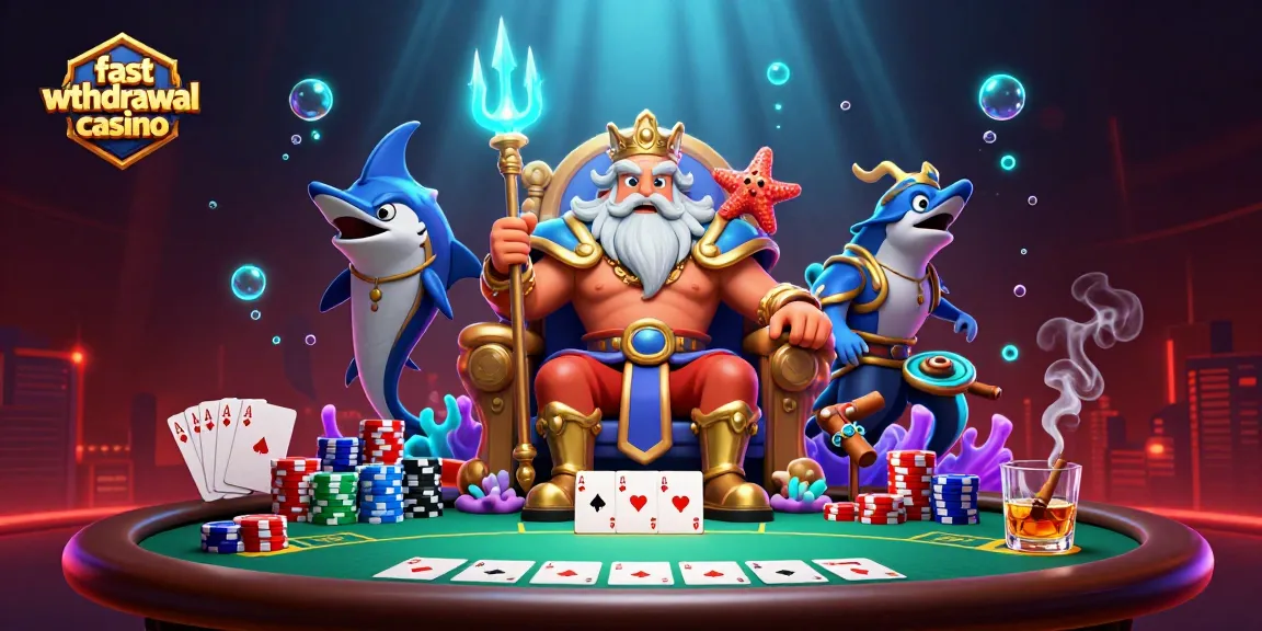 Experience thrilling gameplay at fast withdrawal casino with charming Neptune and exciting poker scenes.